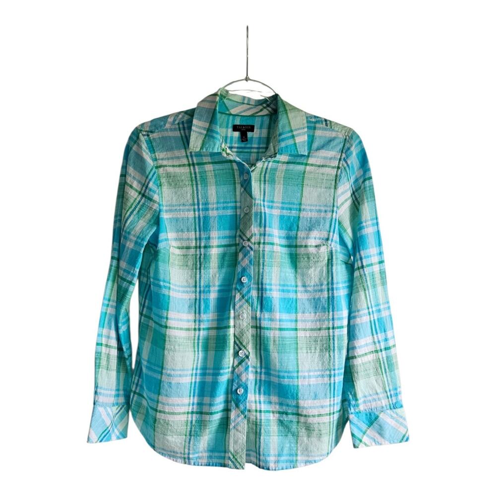 Talbots Womens SMALL PETITE Top Plaid Button-Up 100% Cotton Collared